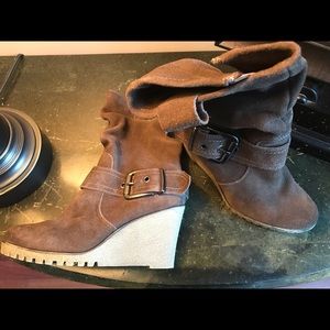 Brown suede wedge booties